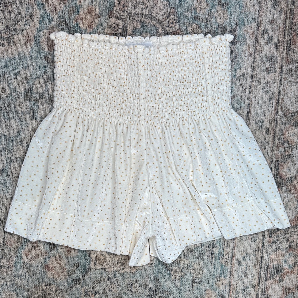 KOCH High Waist Mini Smocked Shorts/Skort in White and Gold‎ Velvet Feel - XS